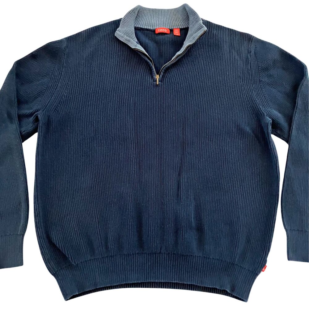 IZOD Men Chunky Ribbed Knit Quarter Zip Mock neck Sweater Pullover Navy Blue, XL